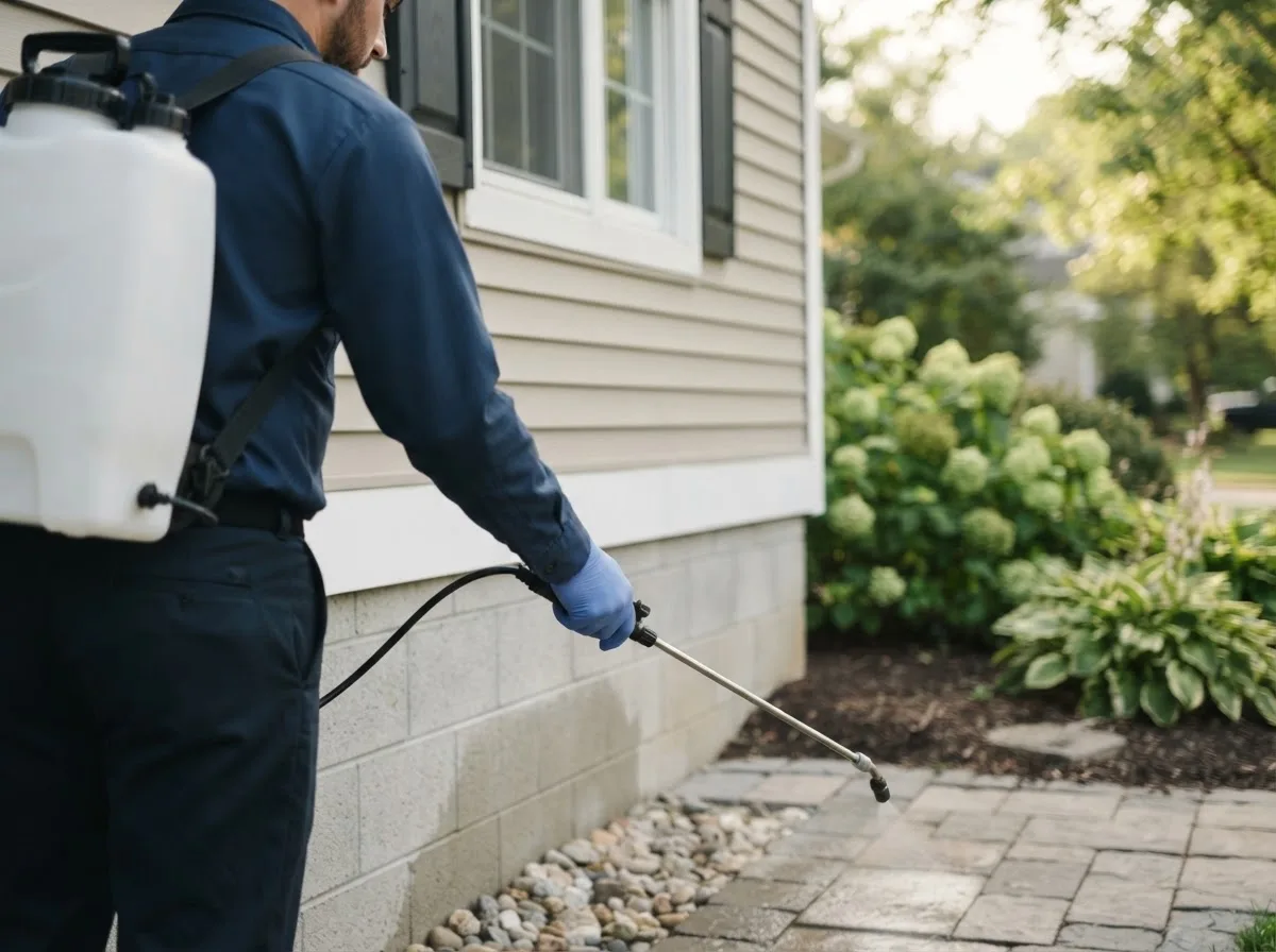 Pest control technician inspecting a home in Mass City, MI